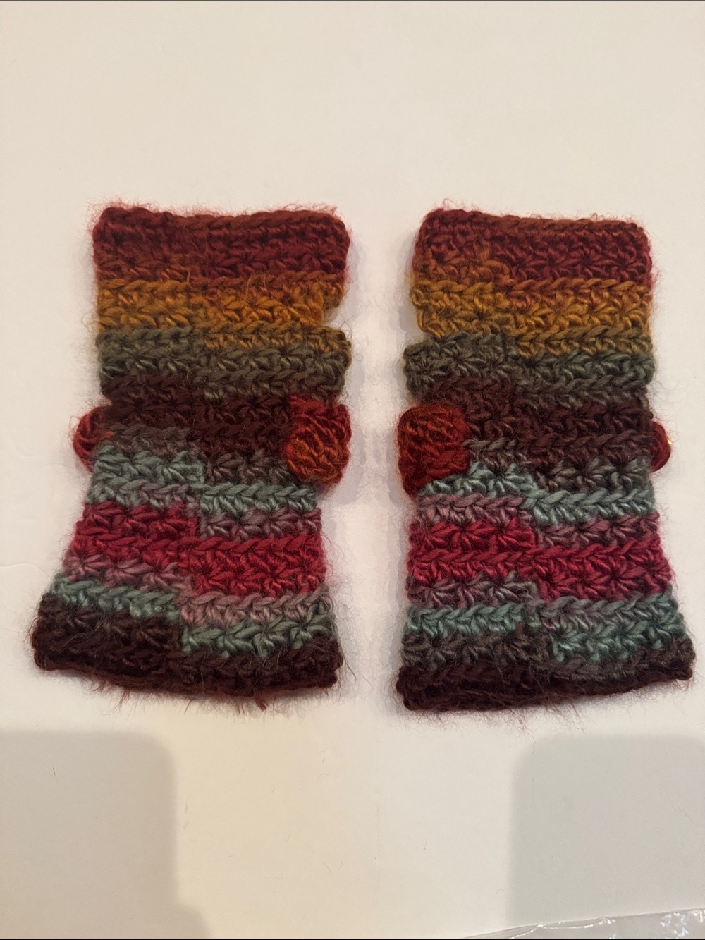 Handmade Handwarmers Crochet Striped Burgundy Blue Tan Mittens Womens - Picture 6 of 8